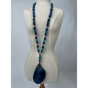 Dragon Vein Agate Healing Stone Pendant Necklace 16" Long With Blue & Silver Bea